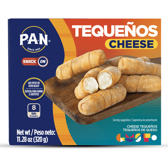 P.A.N. Snack on Cheese Tequenos (Pre-Cooked Dough-Wrapped Cheese Sticks) 8 Sticks per Package. 11.29 oz per Box. (Frozen)