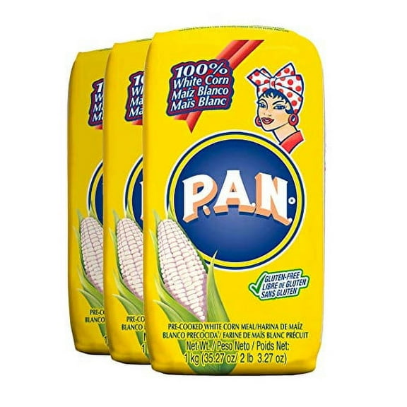 P.A.N. White Corn Meal - Pre-cooked Gluten Free and Kosher Flour for Arepas, 1 Kilogram (35 Ounces / 2 Pounds 3.3 Ounces) (Pack of 3)