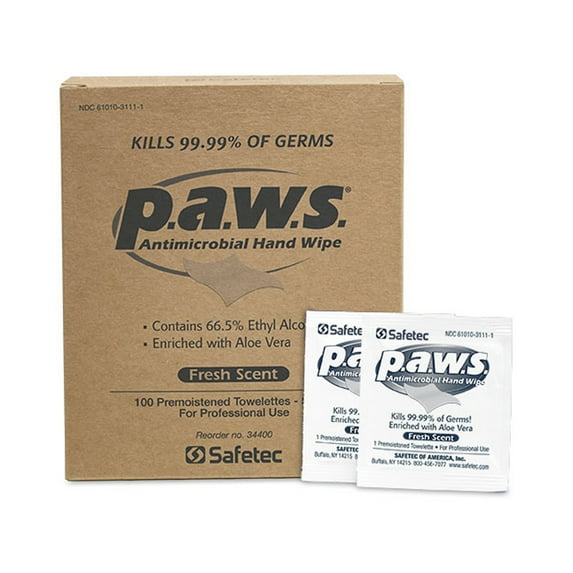 P.A.W.S. Ethyl Alcohol Scented Hand Sanitizing Wipe Individual Packet 100 Wipes 10 Packs
