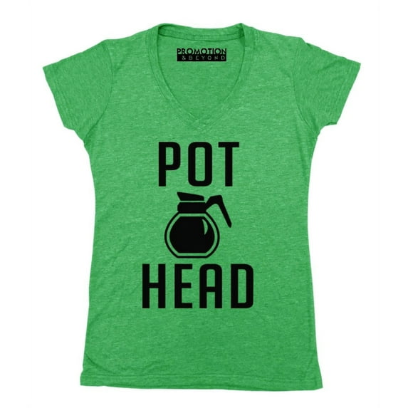 P&B Coffee Pot Head Women's V-neck, Heather Green, L