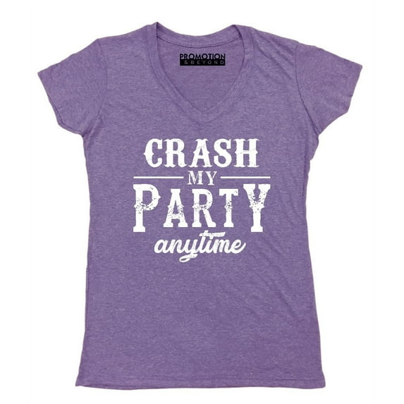 P&B Crash My Party Anytime Funny Women's V-neck, Heather Purple, S