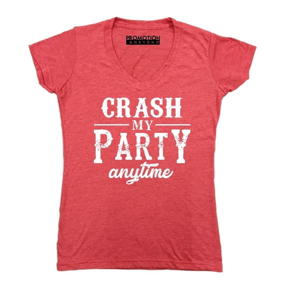 P&B Crash My Party Anytime Funny Women's V-neck, Heather Red, XL