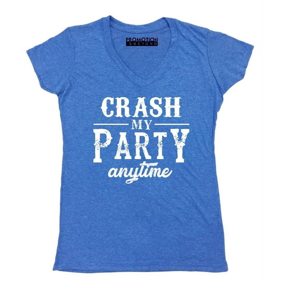 P&B Crash My Party Anytime Funny Women's V-neck, Heather Royal, M