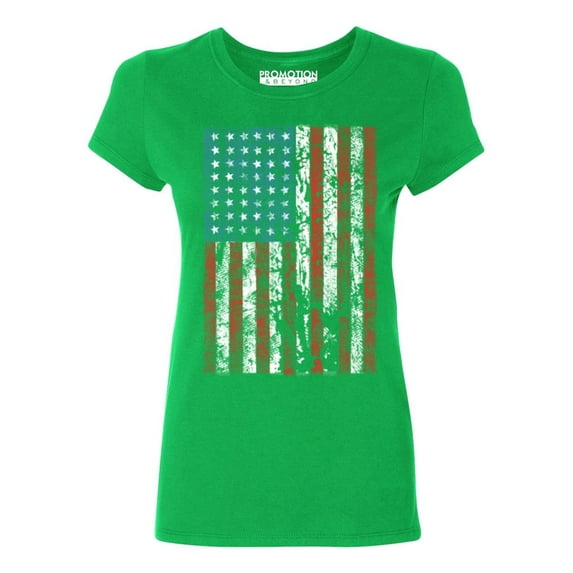 P&B Distressed USA Flag 4th of July Independence Day Women's T-shirt, Green, M