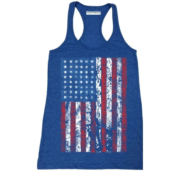 P&B Distressed USA Flag 4th of July Independence Day Women's Tank Top, Heather Royal, M
