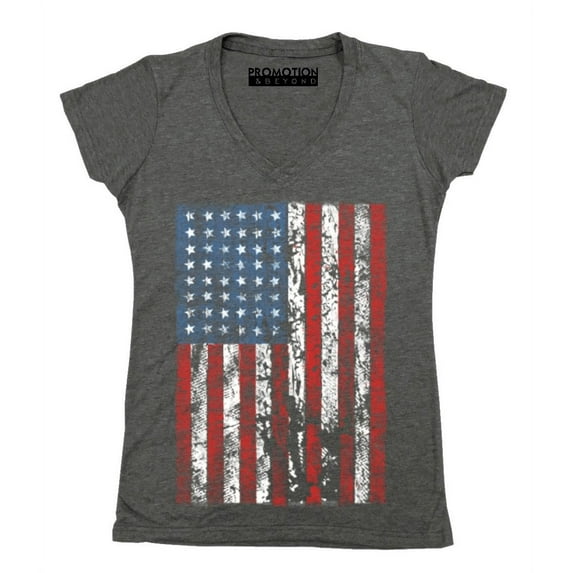 P&B Distressed USA Flag 4th of July Independence Day Women's V-neck, Heather Charcoal, M