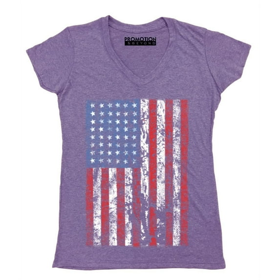 P&B Distressed USA Flag 4th of July Independence Day Women's V-neck, Heather Purple, S