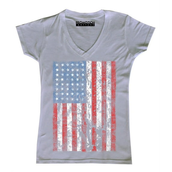 P&B Distressed USA Flag 4th of July Independence Day Women's V-neck, White, L