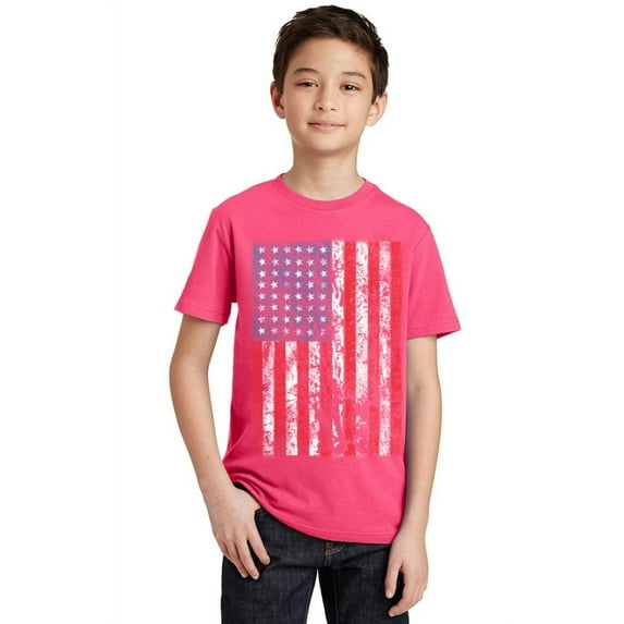 P&B Distressed USA Flag 4th of July Independence Day Youth T-shirt, Cyber Pink, XL
