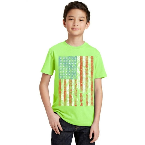 P&B Distressed USA Flag 4th of July Independence Day Youth T-shirt, Lime, M