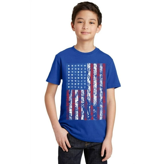 P&B Distressed USA Flag 4th of July Independence Day Youth T-shirt, Royal, XL