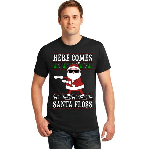 P&B Here Comes Santa Floss Ugly Christmas Sweater Men's T-shirt, L, Black