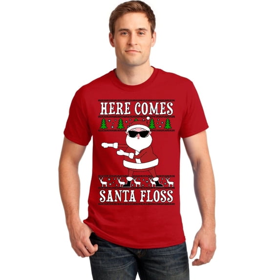 P&B Here Comes Santa Floss Ugly Christmas Sweater Men's T-shirt, XL, Red