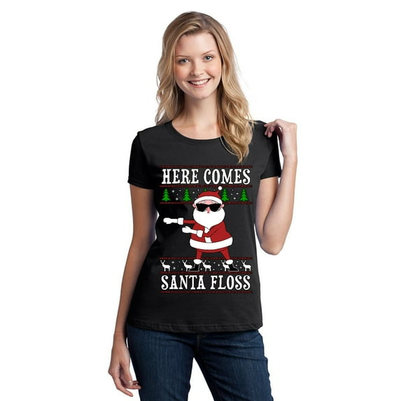 P&B Here Comes Santa Floss Ugly Christmas Sweater Women's T-shirt, 2XL, Black