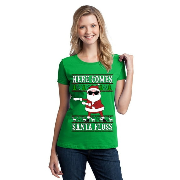 P&B Here Comes Santa Floss Ugly Christmas Sweater Women's T-shirt, XL, Green