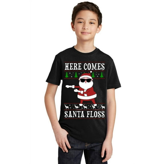 P&B Here Comes Santa Floss Ugly Christmas Sweater Youth T-shirt, Youth XL, Black