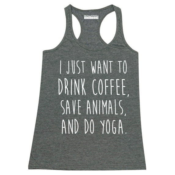 P&B I Just want to Drink Coffee, Save Animals & do Yoga Women's Tank Top, Heather Charcoal, S