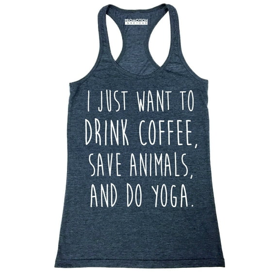 P&B I Just want to Drink Coffee, Save Animals & do Yoga Women's Tank Top, Heather Navy, L