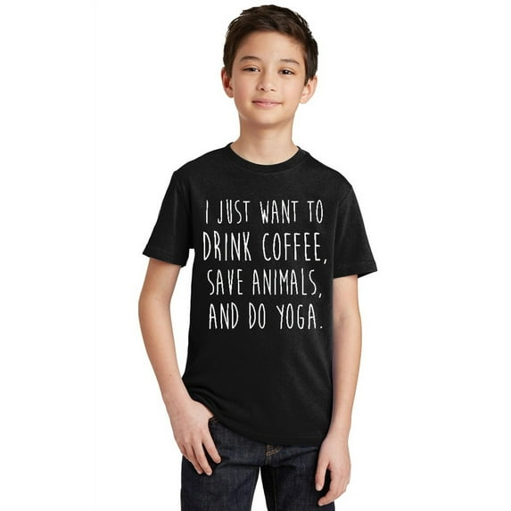 P&B I Just want to Drink Coffee, Save Animals & do Yoga Youth T-shirt, Black, L