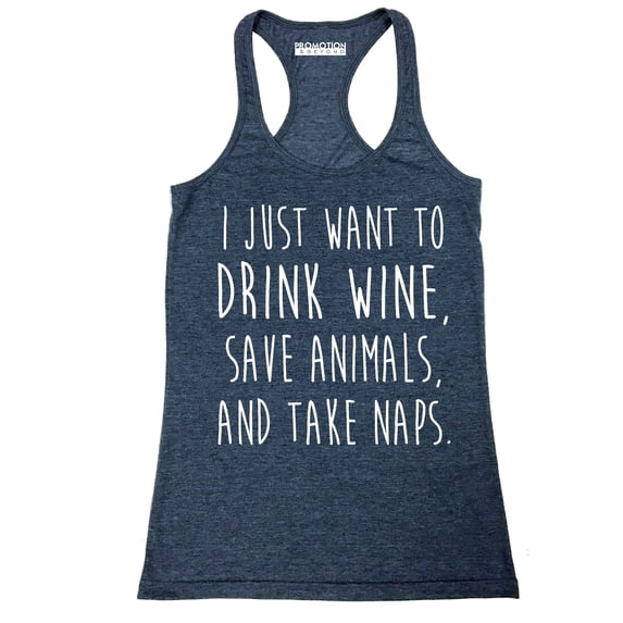 P&B I Just want to Drink Wine, Save Animals, & Take Naps Women's Tank Top, Heather Navy, S