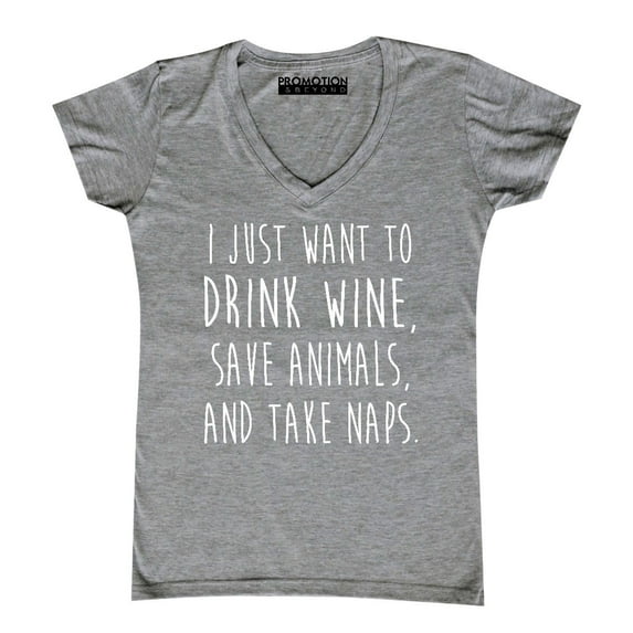 P&B I Just want to Drink Wine, Save Animals, & Take Naps Women's V-neck, Heather Gray, 2XL