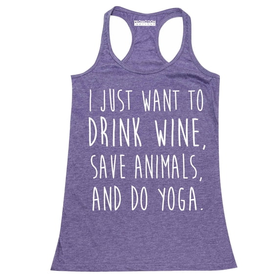 P&B I Just want to Drink Wine, Save Animals, & do Yoga Women's Tank Top, Heather Purple, S
