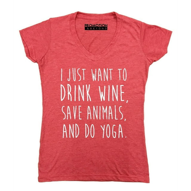 P&B I Just want to Drink Wine, Save Animals, & do Yoga Women's V-neck, Heather Red, 2XL