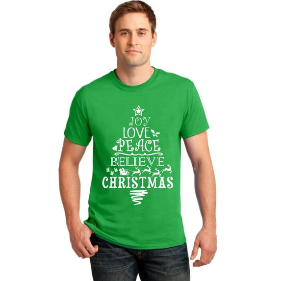 P&B Joy Love Peace Believe Christmas Tree Men's T-shirt, L, Green