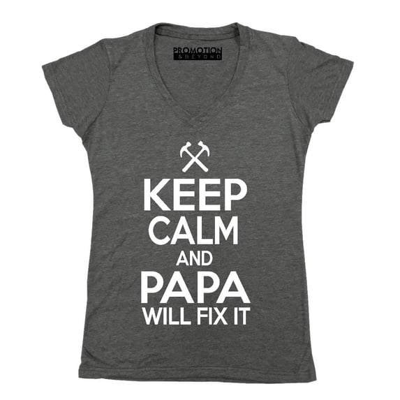 P&B KEEP CALM PAPA WILL FIX IT Women's V-neck, Heather Charcoal, 2XL