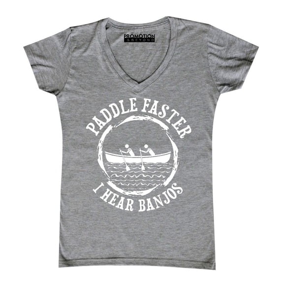 P&B Paddle Faster I Hear Banjos Funny Women's V-neck, S, Heather Grey