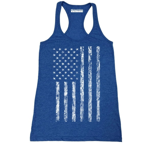 P&B White Distressed USA Flag 4th of July Independence Day Women's Tank Top, Heather Royal, S