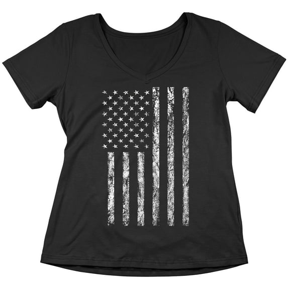 P&B White Distressed USA Flag 4th of July Independence Day Women's V-neck, Black, M
