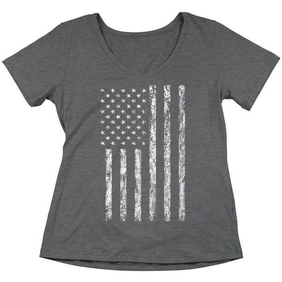 P&B White Distressed USA Flag 4th of July Independence Day Women's V-neck, Heather Charcoal, 2XL