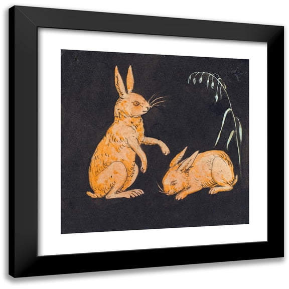 P. C. Skovgaard 12x12 Black Modern Framed Museum Art Print Titled - Two Hares (Rabbits) on a Black Background. Decorative Draft (1816 - 1875)