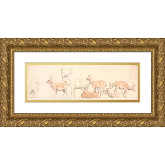 P. C. Skovgaard 18x8 Gold Ornate Wood Frame and Double Matted Museum Art Print Titled - A Rudel Deer and a Stork (1854 - 1858)