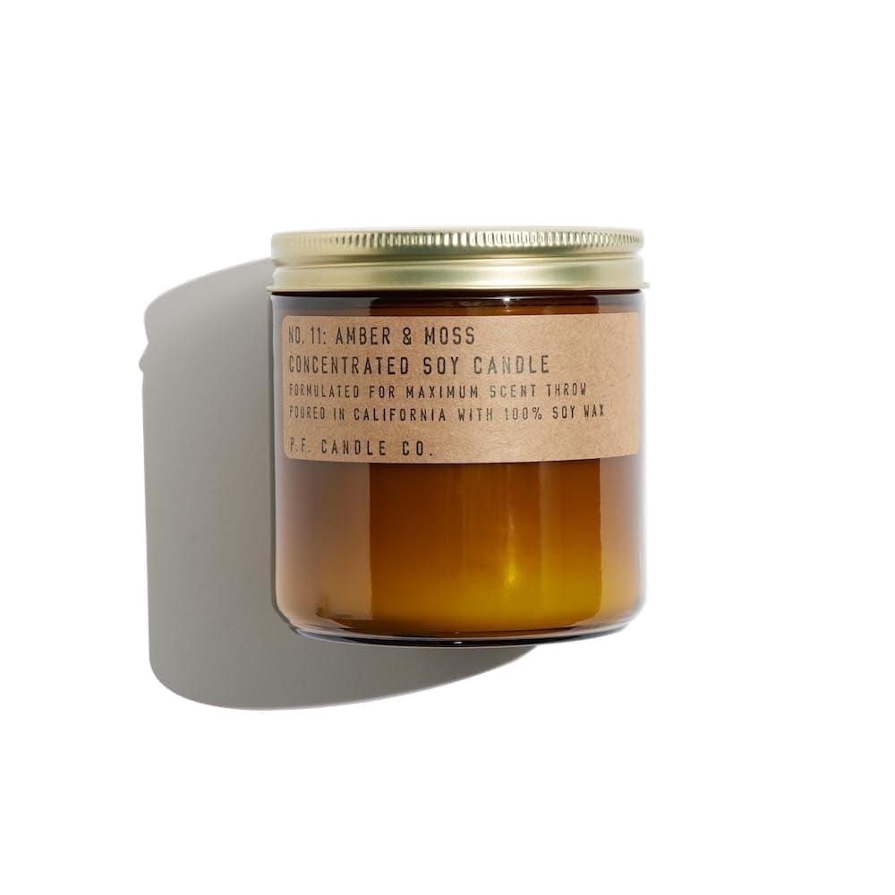 P.F. Candle Co. Large Candle - Amber & Moss (12.5 oz Soy Wax, 60-70 Hour Burn Time, Amber Glass Jar)