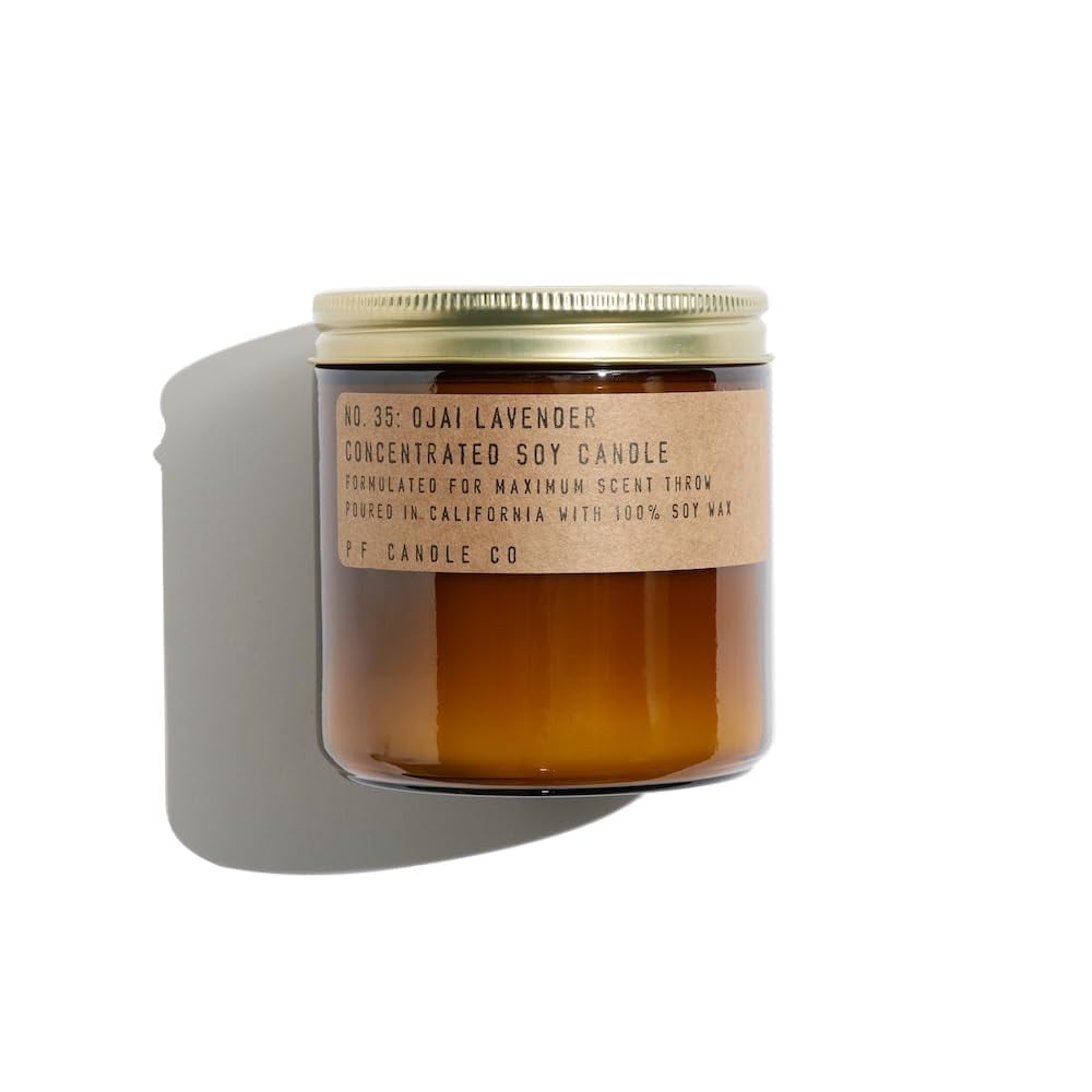P.F. Candle Co. Large Candle - Ojai Lavender (12.5 oz Soy Wax, 60-70 Hour Burn Time, Amber Glass Jar)