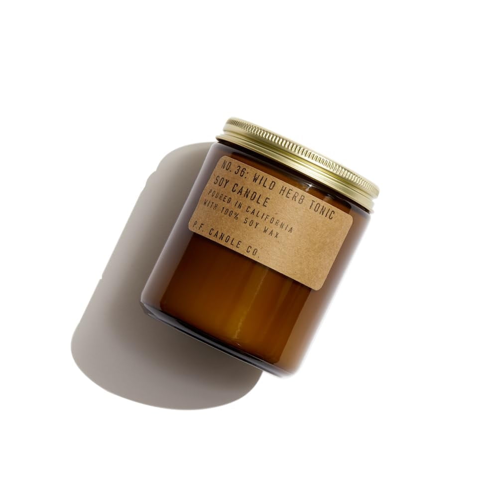 P.F. Candle Co. Standard Candle - Wild Herb Tonic (7.2 oz Soy Wax, 40-50 Hour Burn Time, Amber Glass Jar)