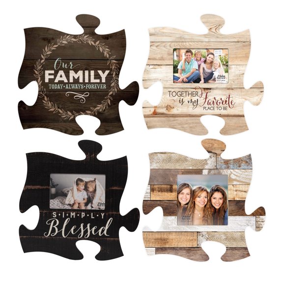 Our Family Simply Blessed Together Puzzle Piece Interlocking Wall Plaque and Photo Frames Set of 4