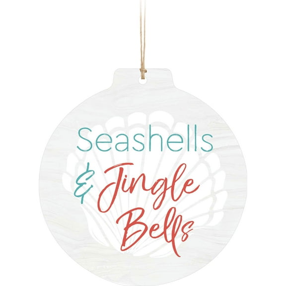 P. Graham Dunn Seashells and Jingle Bells Classic White 3 x 3 Wood Hanging Figurine Ornament
