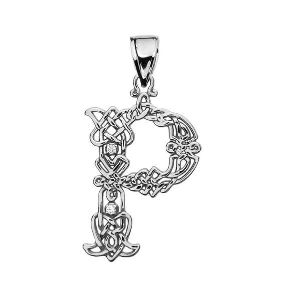 P INITIAL IN CELTIC KNOT PATTERN WHITE GOLD PENDANT NECKLACE WITH DIAMOND : 10K Pendant with 18" chain