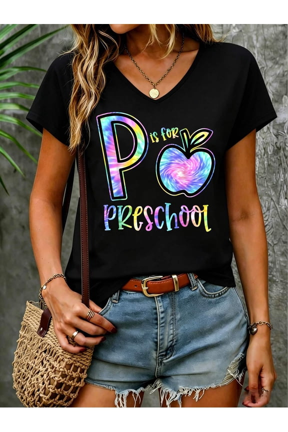 P Is For Preschool Pre-K Teacher Tie Dye Back to School V Neck T-Shirt Cotton Women's V Neck Graphic Tee, Casual Short Sleeve Shirt,Vacation Outfit