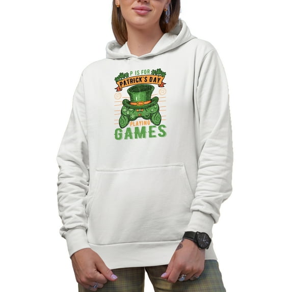 P Is for Playing Games, St. Patrick's Day, White Hooded Sweatshirt or Hoodie, Small