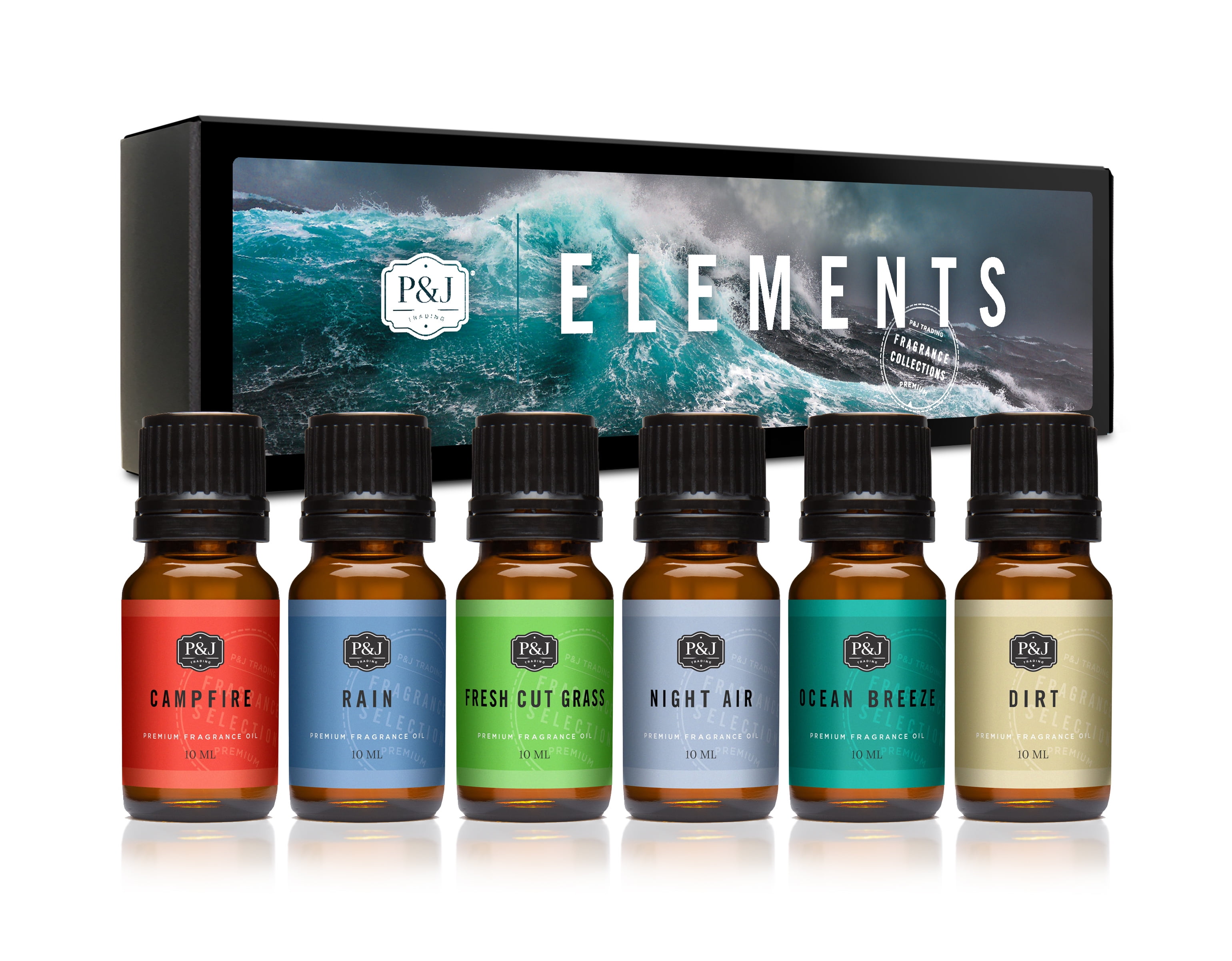 Elements Set of 6 Fragrance Oils - Premium Grade Scented Oil - 10ml - Campfire, Night Air, Ocean Breeze, Dirt, Rain, Fresh Cut Grass