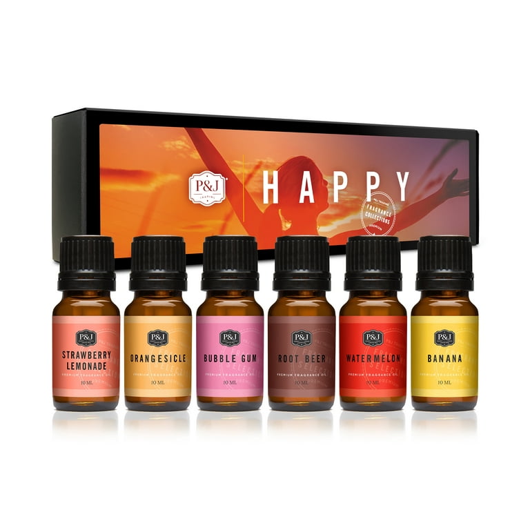 P&J Fragrance Oil  Happy Set of 6 - Scented Oil for Soap Making,  Diffusers, Candle Making, Lotions, Haircare, Slime, and Home Fragrance 