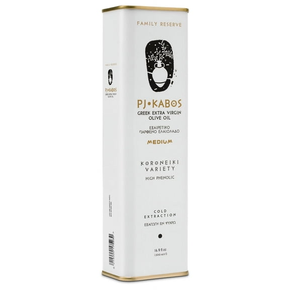 P.J. KABOS 2024/25 Harvest, GGA1 High Phenolic (450+mg/kg), Premium Greek Extra Virgin Olive Oil, Kosher, Greece, Cold Extracted, 16.9 oz Tin, Koroneiki, "Family Reserve - Medium"