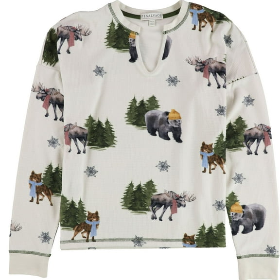 P.J. Salvage Womens Bear In Hat Thermal Pajama Shirt, Beige, Small