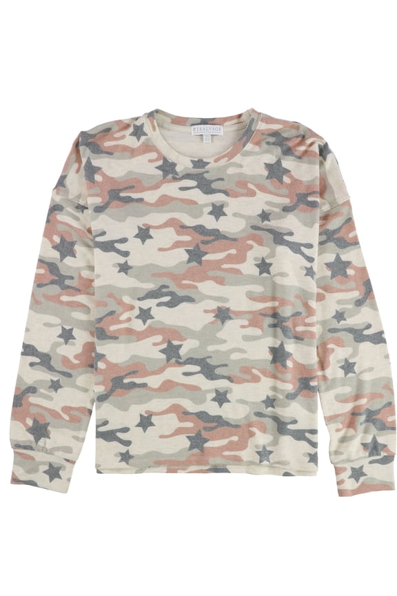 P.J. Salvage Womens Camo Prints With Stars Pajama Sweater, Beige, Plus Size, 2X