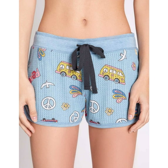 P.J. Salvage Womens Hippy Van, Hearts, Flowers Pajama Shorts, Blue, Small