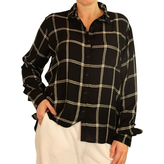 P.J. Salvage Womens Mad For Plaid Button Down Pajama Tops, Black, Medium